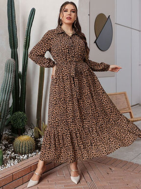 Vestido Plus Size Boho com Cinto, Botões e Estampa de Leopardo