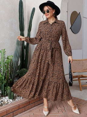 Vestido Plus Size Boho com Cinto, Botões e Estampa de Leopardo