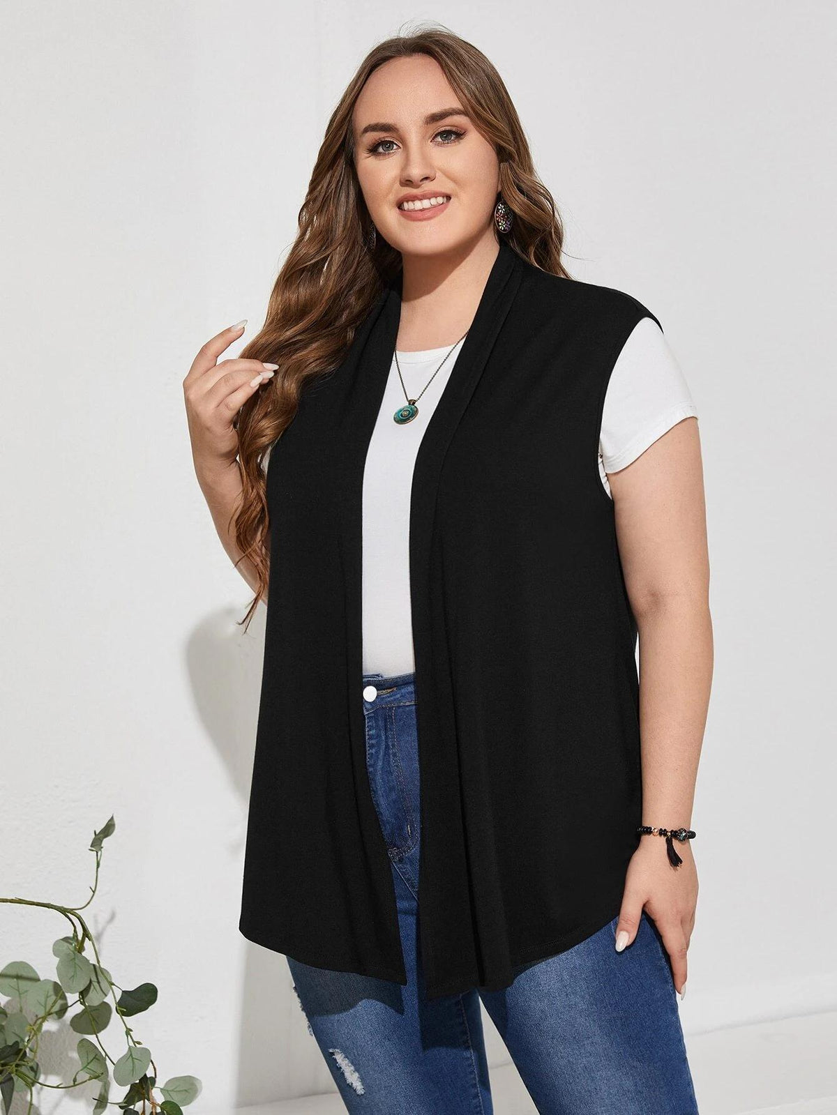 Colete Plus Size Simples, de Cor Sólida e Sem Mangas