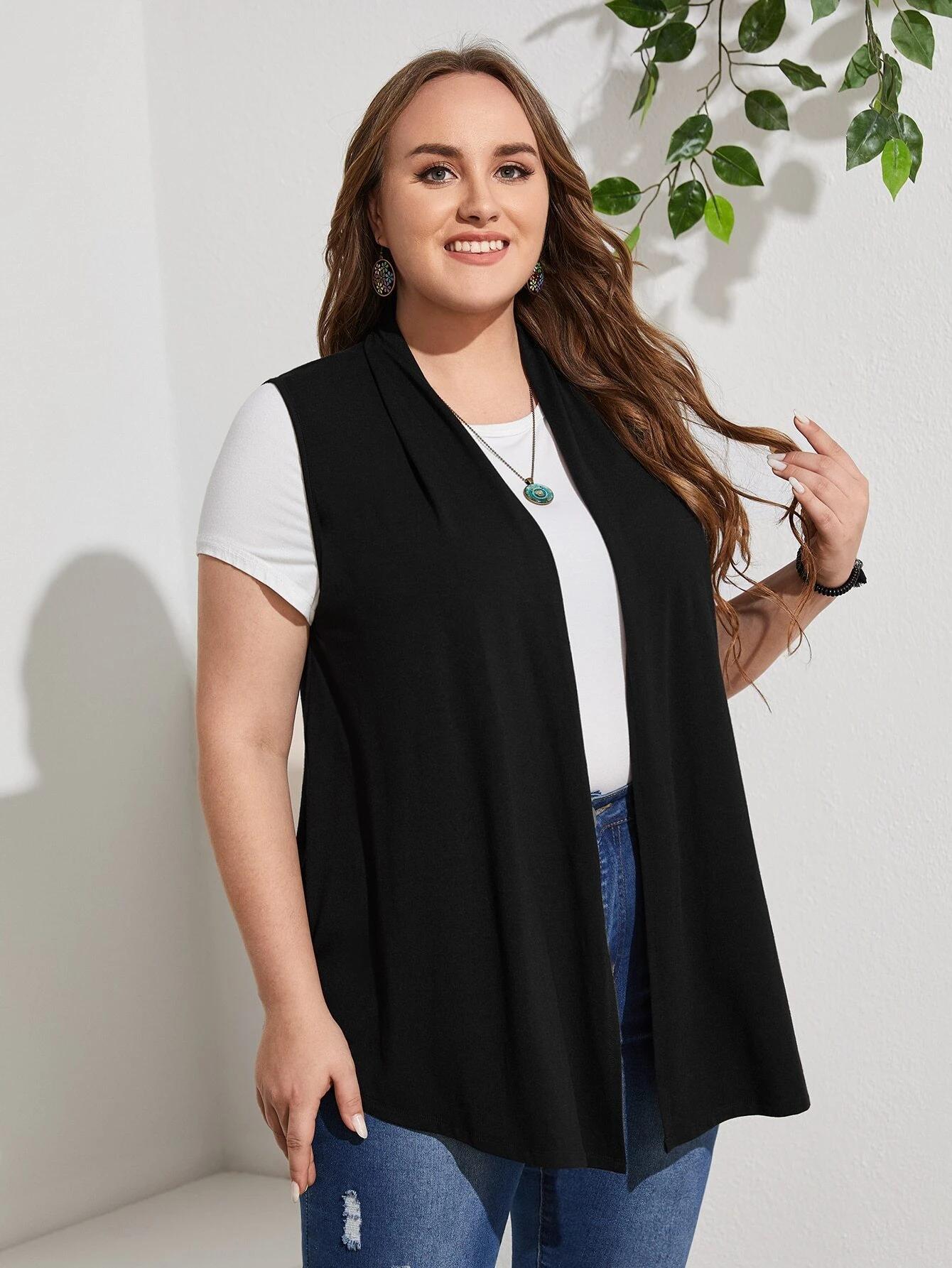 Colete Plus Size Simples, de Cor Sólida e Sem Mangas