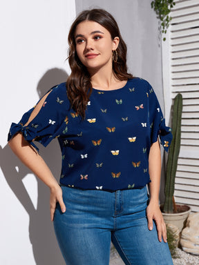 Blusa Plus Size Casual com Nó Lateral, Estampa de Borboleta e Detalhes Divididos