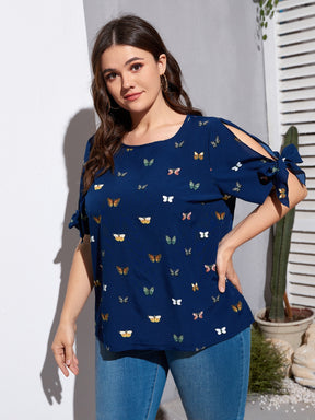 Blusa Plus Size Casual com Nó Lateral, Estampa de Borboleta e Detalhes Divididos