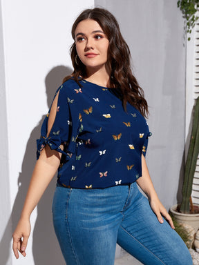 Blusa Plus Size Casual com Nó Lateral, Estampa de Borboleta e Detalhes Divididos