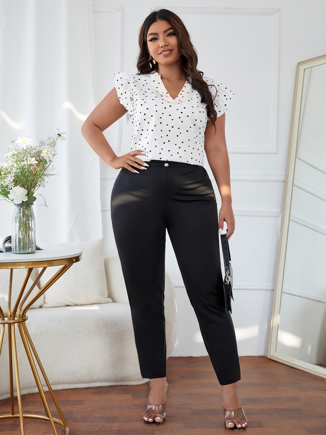 Blusa Plus Size Casual com Plissado e Estampa de Coração