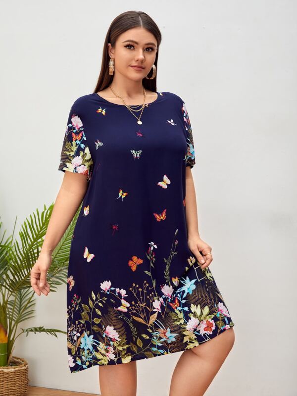 Vestido Plus Size Floral Borboleta Boho de Manga Curta