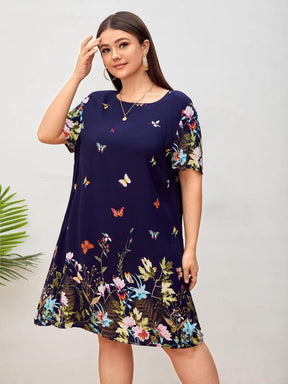 Vestido Plus Size Floral Borboleta Boho de Manga Curta