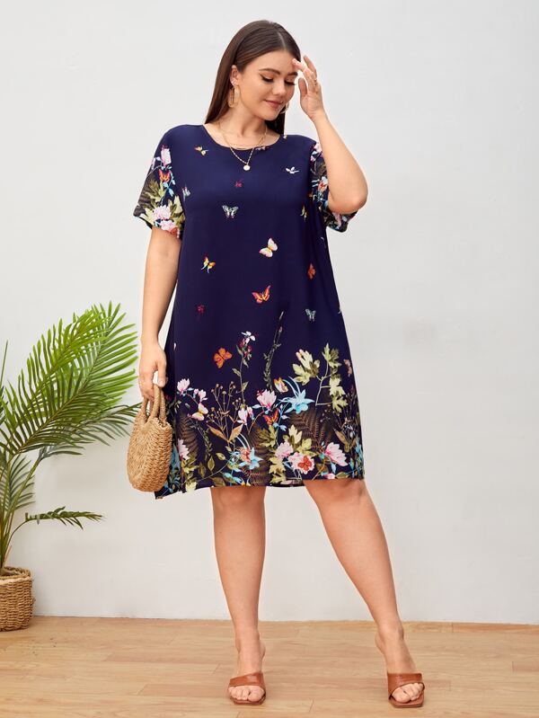 Vestido Plus Size Floral Borboleta Boho de Manga Curta