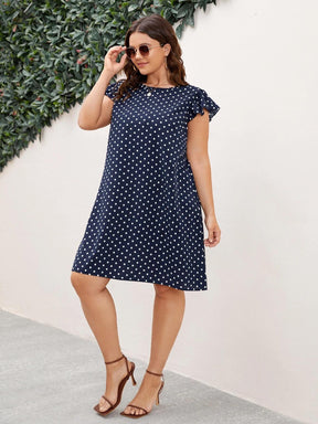 Vestido Plus Size Tipo Túnica com Babado e Bolinhas, Manga Esvoaçante