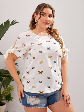 Blusa Plus Size Casual com Nó Lateral, Estampa de Borboleta e Detalhes Divididos