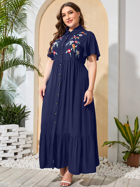 Vestido Plus Size Elegante com Bordado, Bainha de Ruffle, Botões Frontais e Estampa Floral