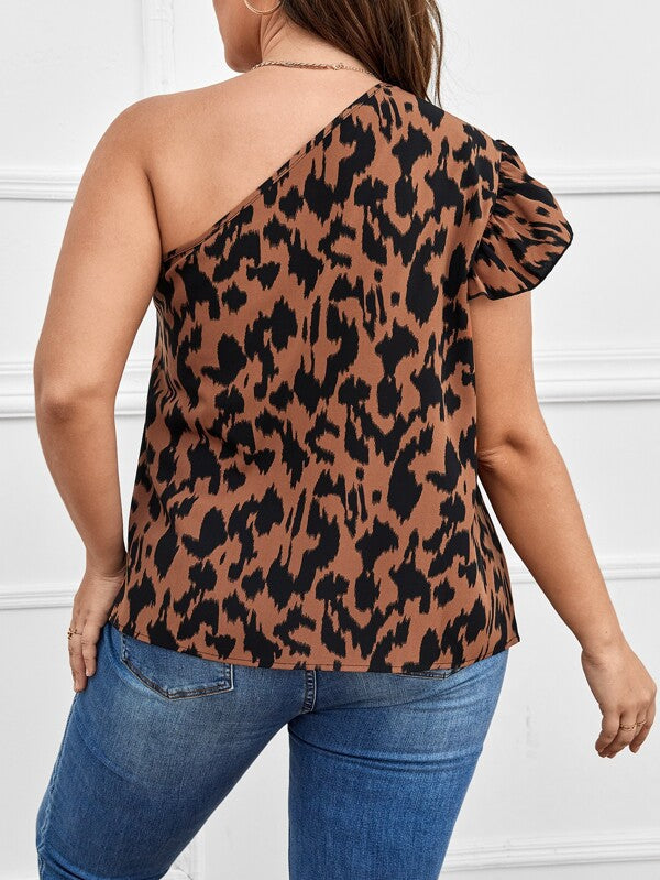 Blusa Plus Size com Estampa Total e Um Ombro Só