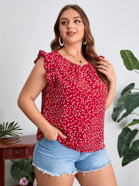 Blusa Plus Size com Estampa de Coração com Manga Esvoaçante e Detalhe Plissado