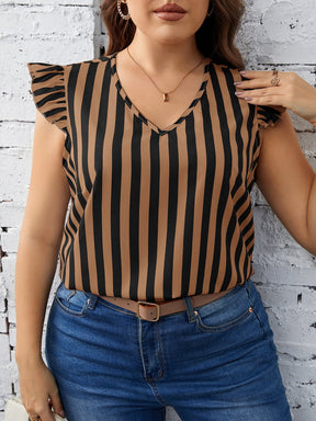 Blusa Plus Size com Estampa Listrada, sem Mangas e Detalhe Plissado