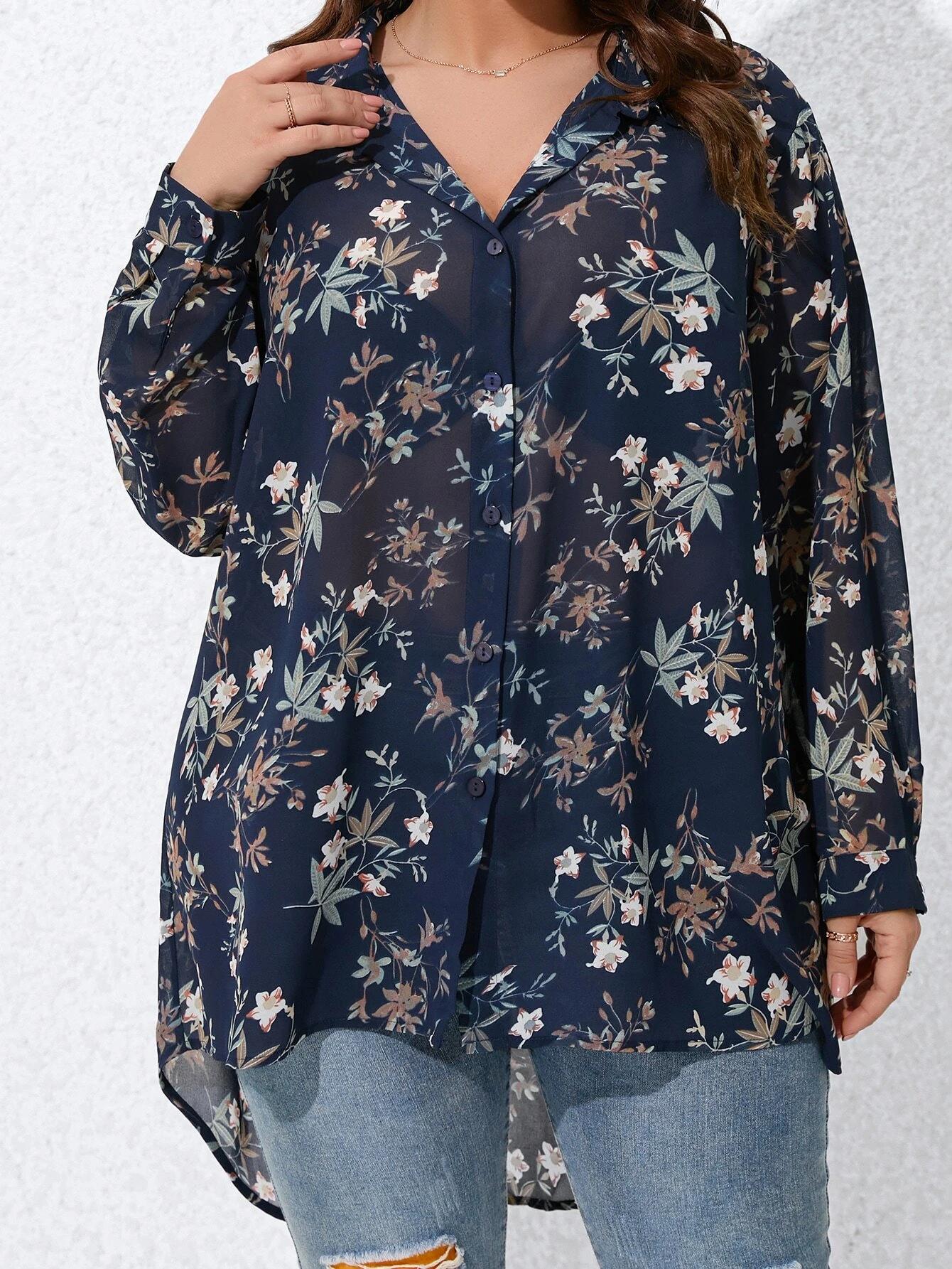 Camisa Plus Size com Decote em V e Estampa Floral de Manga Longa