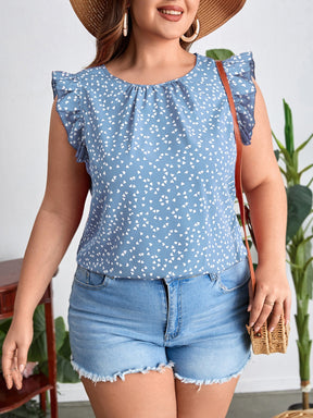 Blusa Plus Size com Estampa de Coração com Manga Esvoaçante e Detalhe Plissado