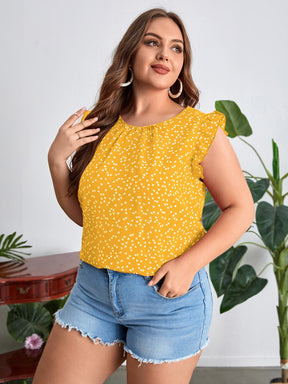 Blusa Plus Size com Estampa de Coração com Manga Esvoaçante e Detalhe Plissado