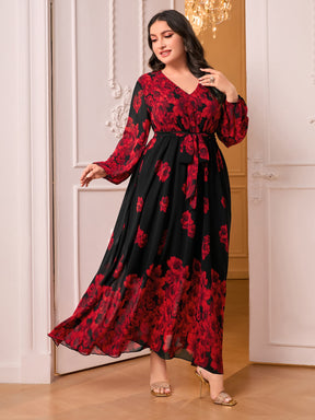 Vestido Plus Size com Estampa Floral, Manga de Lanterna e Cinto