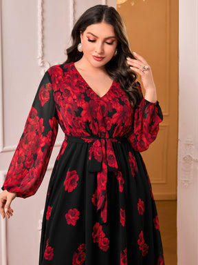 Vestido Plus Size com Estampa Floral, Manga de Lanterna e Cinto