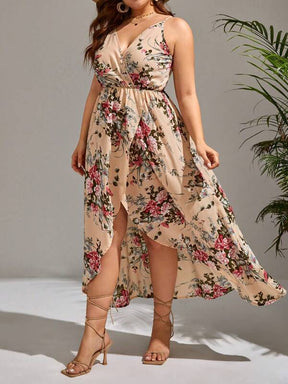 Vestido Plus Size com Estampa Floral e Bainha Enrolada, Sem Cinto