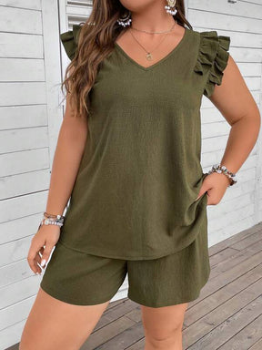 Conjunto Plus Size de Duas Peças: Top com Acabamento de Babados e Nó Frontal + Shorts