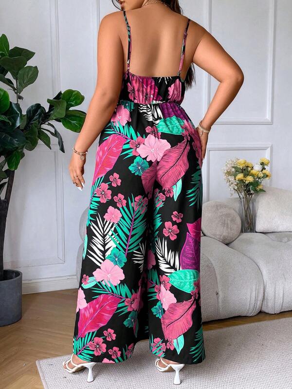 Macacão Plus Size Wide Leg Cami com Estampa Tropical sem Mangas