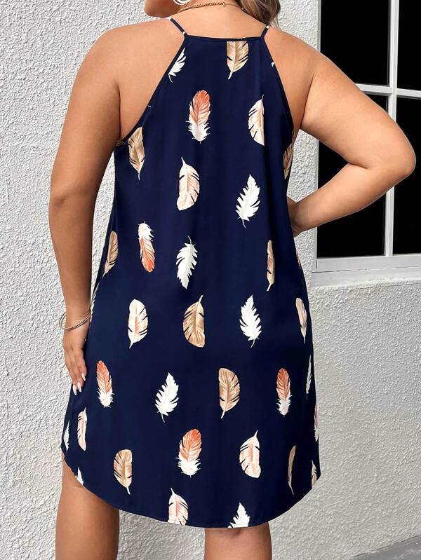 Vestido Plus Size de Alças com Estampa de Penas e Decote em V para o Verão