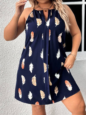 Vestido Plus Size de Alças com Estampa de Penas e Decote em V para o Verão