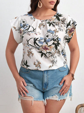 Blusa Plus Size com Estampa Floral e Manga de Borboleta