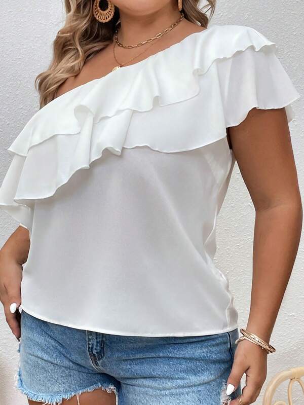 Blusa Plus Size de Verão com Babado Duplo e Um Ombro Só