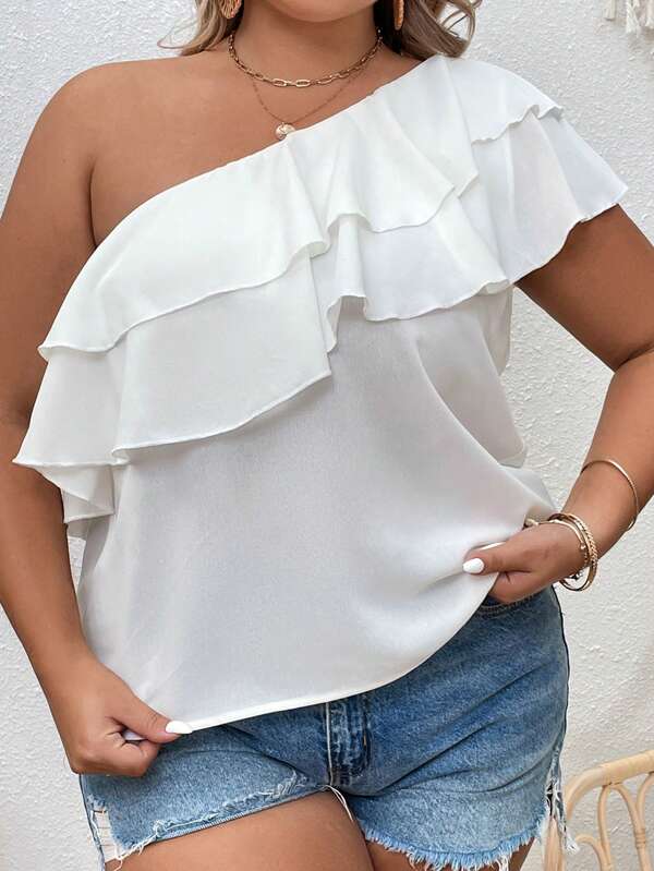 Blusa Plus Size de Verão com Babado Duplo e Um Ombro Só