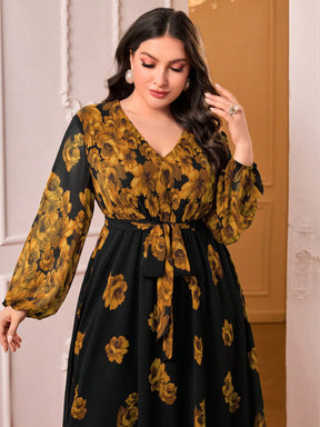 Vestido Plus Size com Estampa Floral, Manga de Lanterna e Cinto