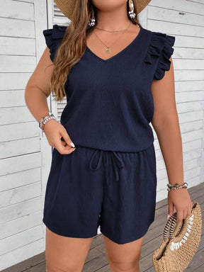 Conjunto Plus Size de Duas Peças: Top com Acabamento de Babados e Nó Frontal + Shorts