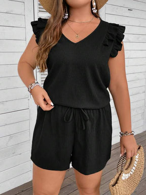 Conjunto Plus Size de Duas Peças: Top com Acabamento de Babados e Nó Frontal + Shorts