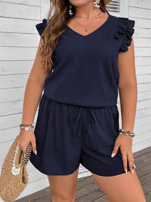 Conjunto Plus Size de Duas Peças: Top com Acabamento de Babados e Nó Frontal + Shorts