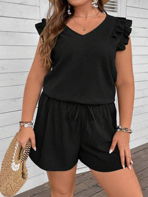 Conjunto Plus Size de Duas Peças: Top com Acabamento de Babados e Nó Frontal + Shorts