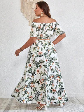 Conjunto Plus Size de Duas Peças: Top Crop Fora do Ombro com Estampa Tropical e Saia com Fenda