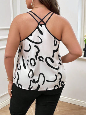 Blusa Plus Size com Estampa Gráfica e Alças Finas Tipo Suspensório