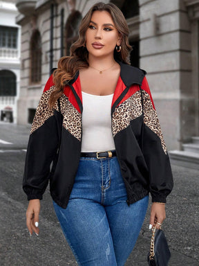 Jaqueta Plus Size com Estampa de Leopardo, Bloco de Cores e Capuz