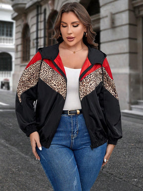 Jaqueta Plus Size com Estampa de Leopardo, Bloco de Cores e Capuz