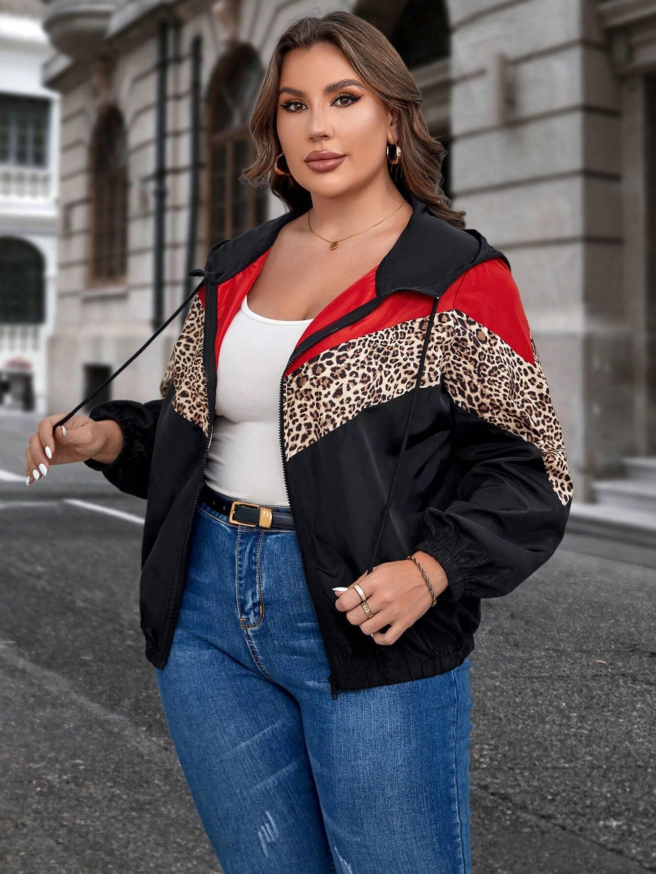 Jaqueta Plus Size com Estampa de Leopardo, Bloco de Cores e Capuz