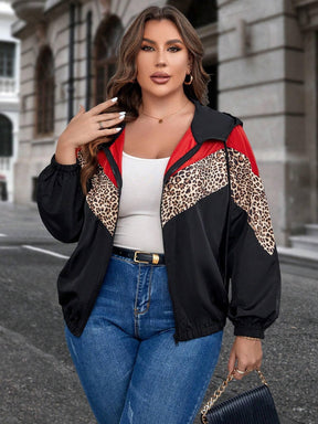 Jaqueta Plus Size com Estampa de Leopardo, Bloco de Cores e Capuz