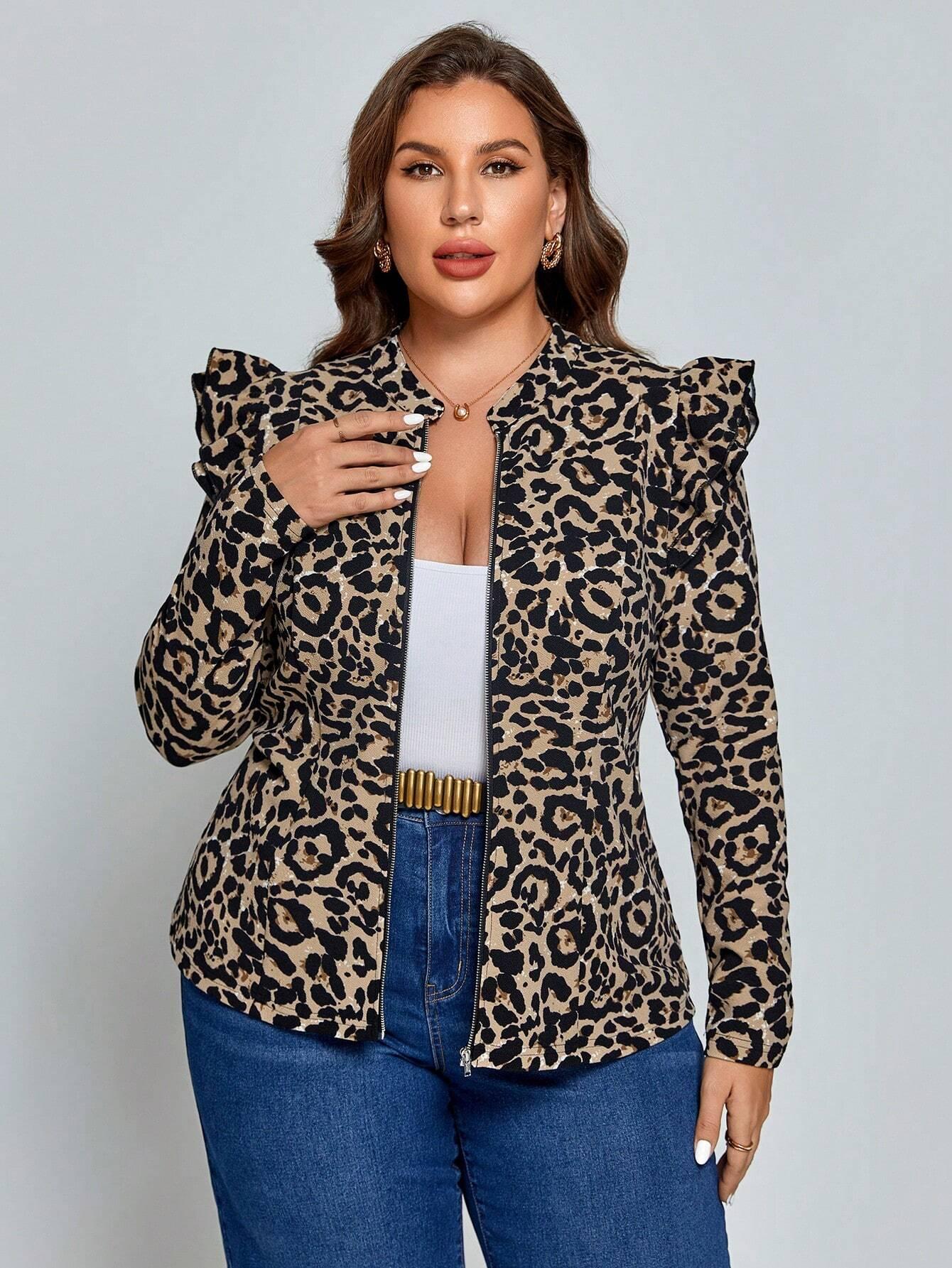 Casaco Plus Size com Estampa de Leopardo e Zíper Frontal