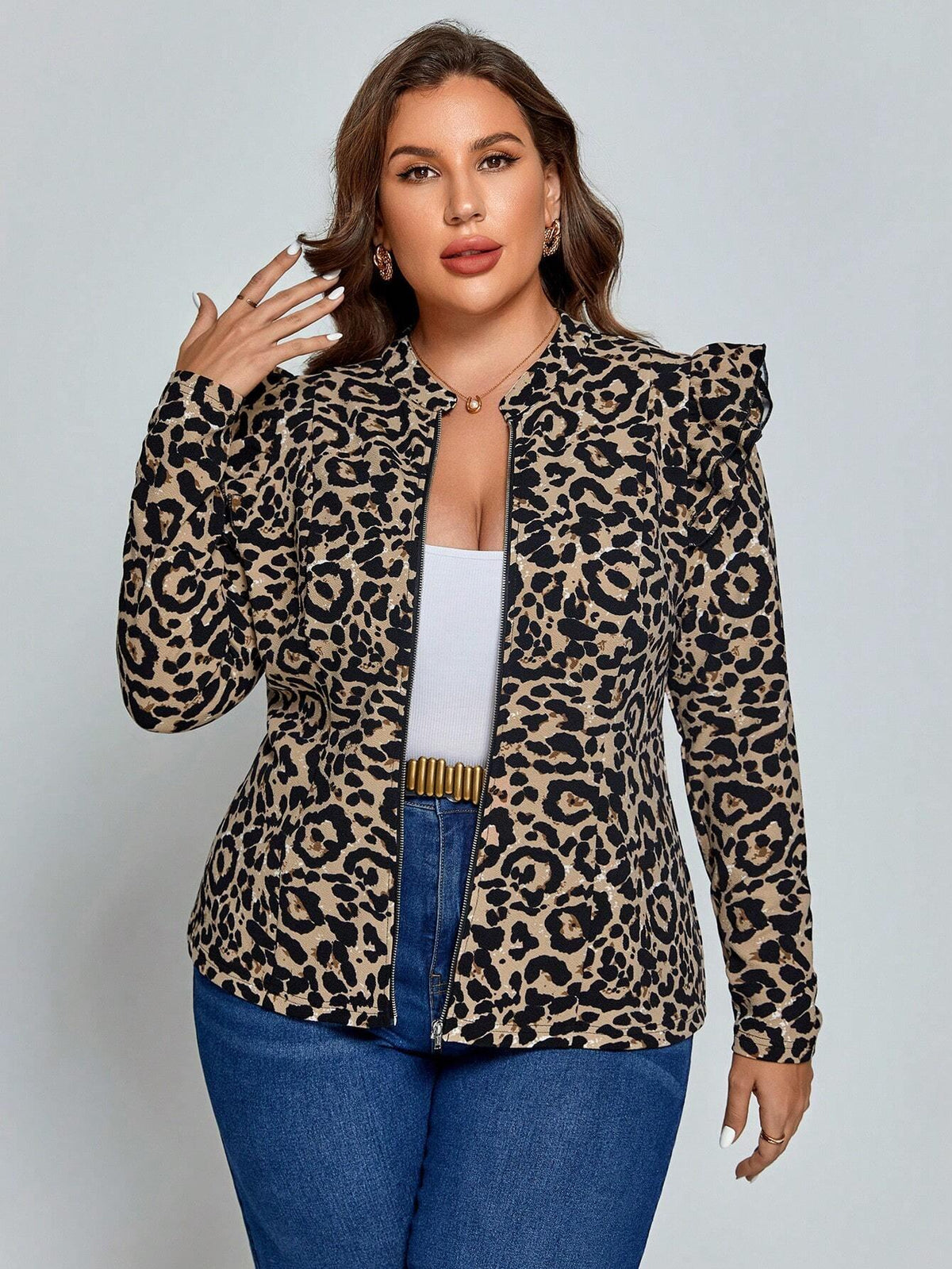 Casaco Plus Size com Estampa de Leopardo e Zíper Frontal