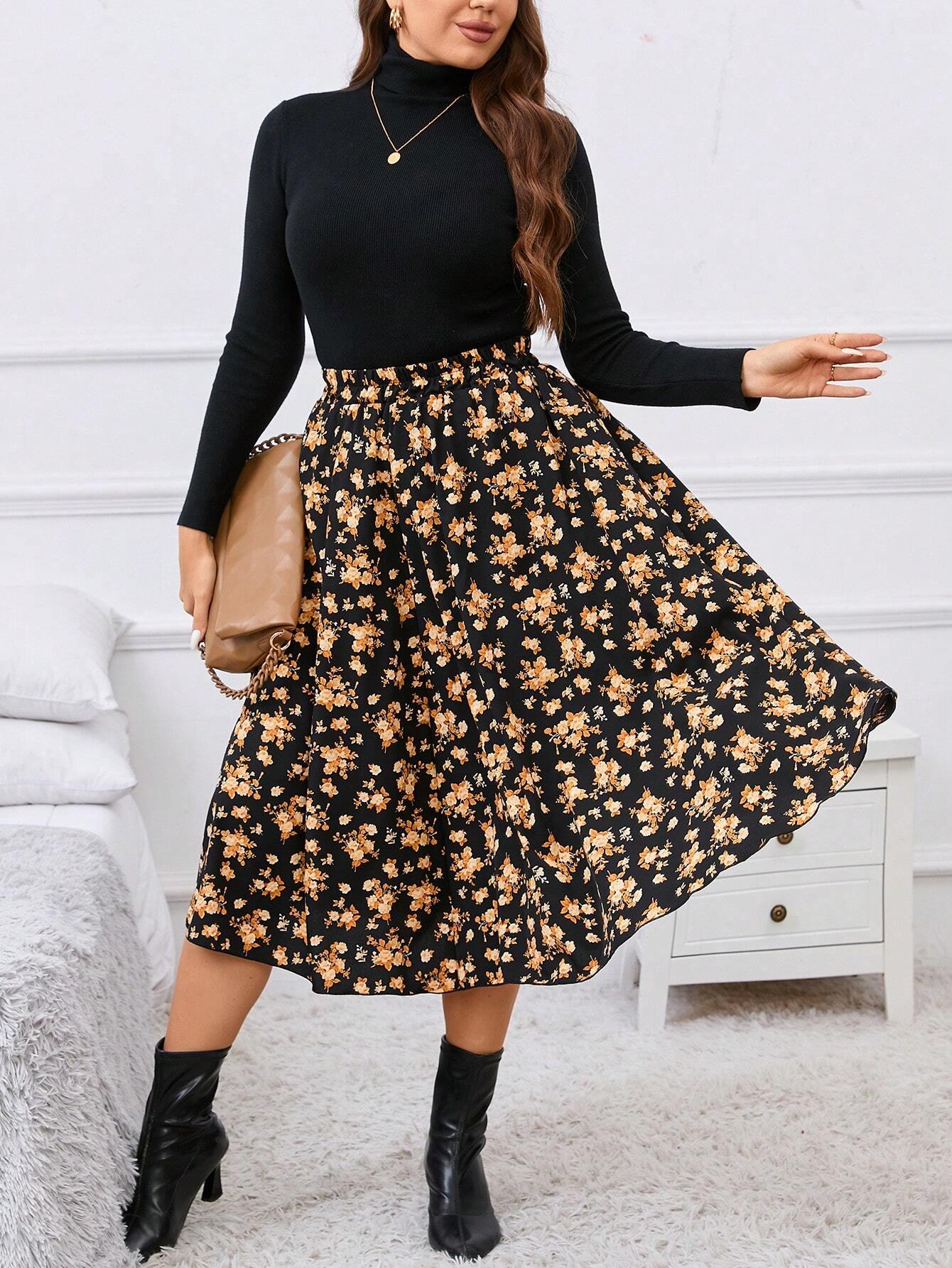 Saia Plus Size Média Tipo Flare com Impressão Floral e Caimento Solto