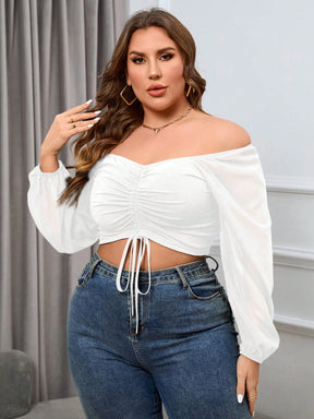 Top Crop Plus Size Fora do Ombro com Cordão Frontal