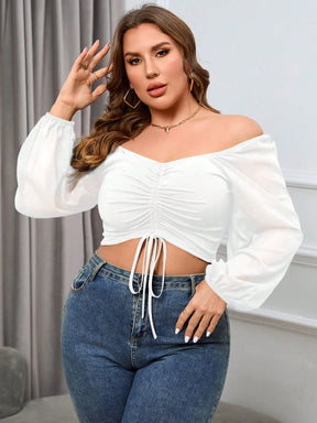 Top Crop Plus Size Fora do Ombro com Cordão Frontal