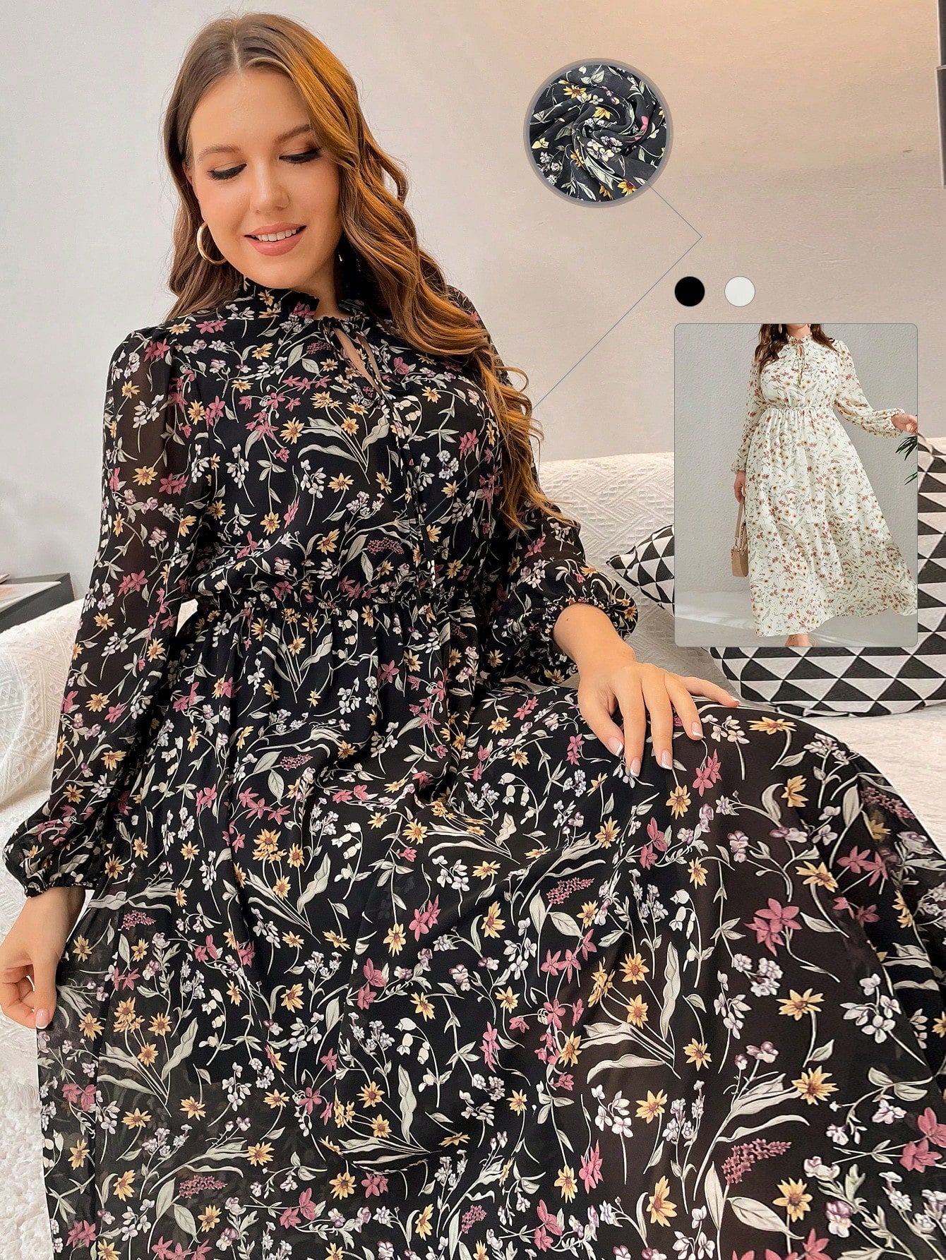 Vestido Plus Size Elegante com Estampa Floral e Detalhes em Babado e Gola com Laço