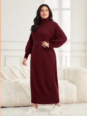 Vestido Suéter Plus Size com Gola Alta, Manga Lanterna e Cinto