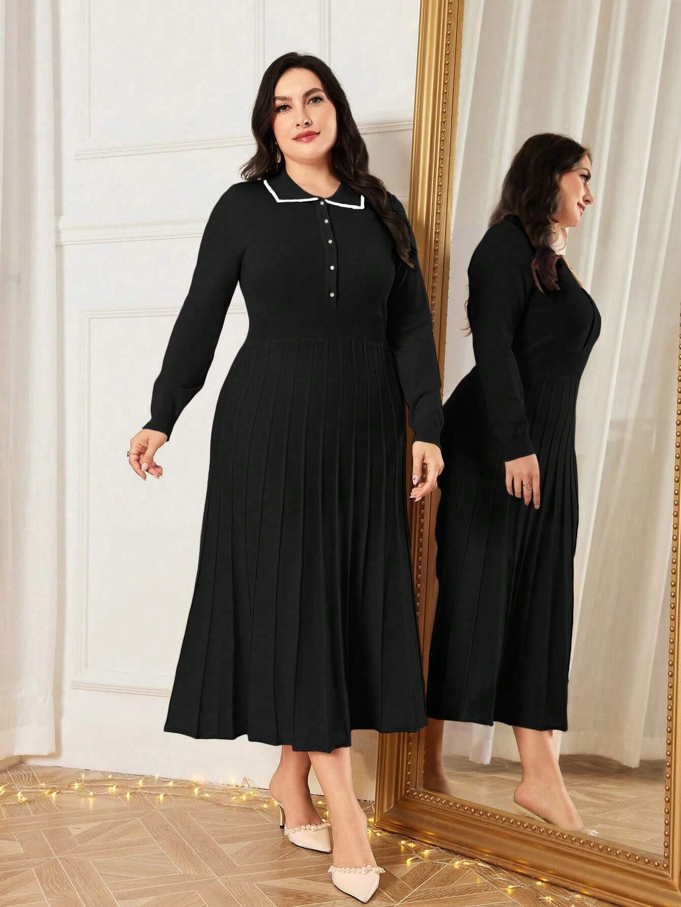 Vestido Plus Size de Malha com Gola Polo e Bainha Plissada