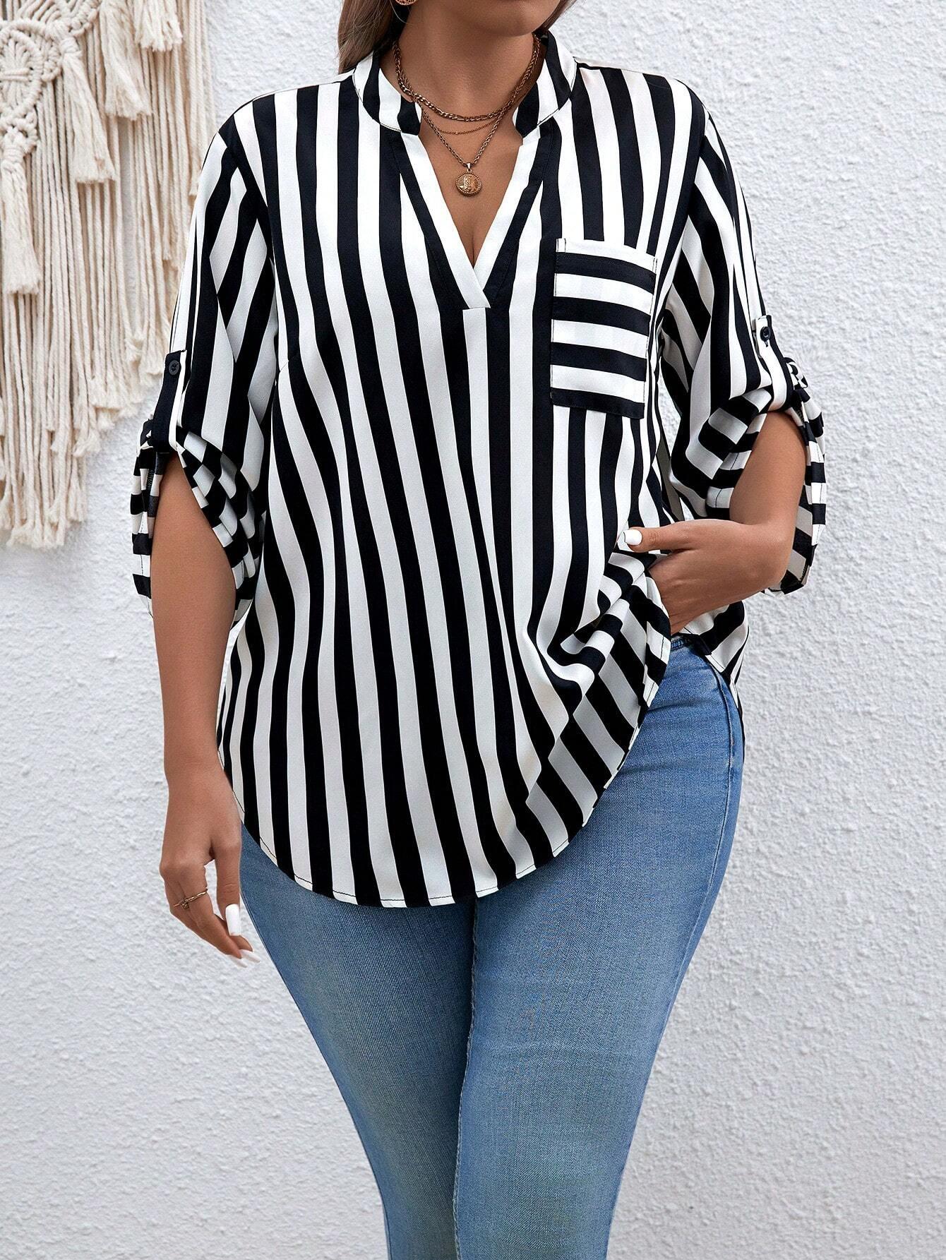 Camisa Plus Size Listrada Com Gola Em V E Mangas Dobradas